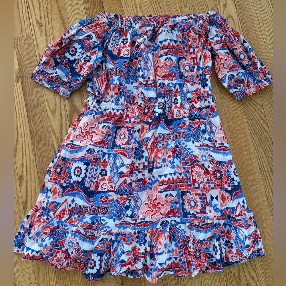 Loft Red And Blue Patterned Off The Shoulder Dress - image 2